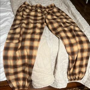 Buckle Plaid Track Pants in Brown and Tan